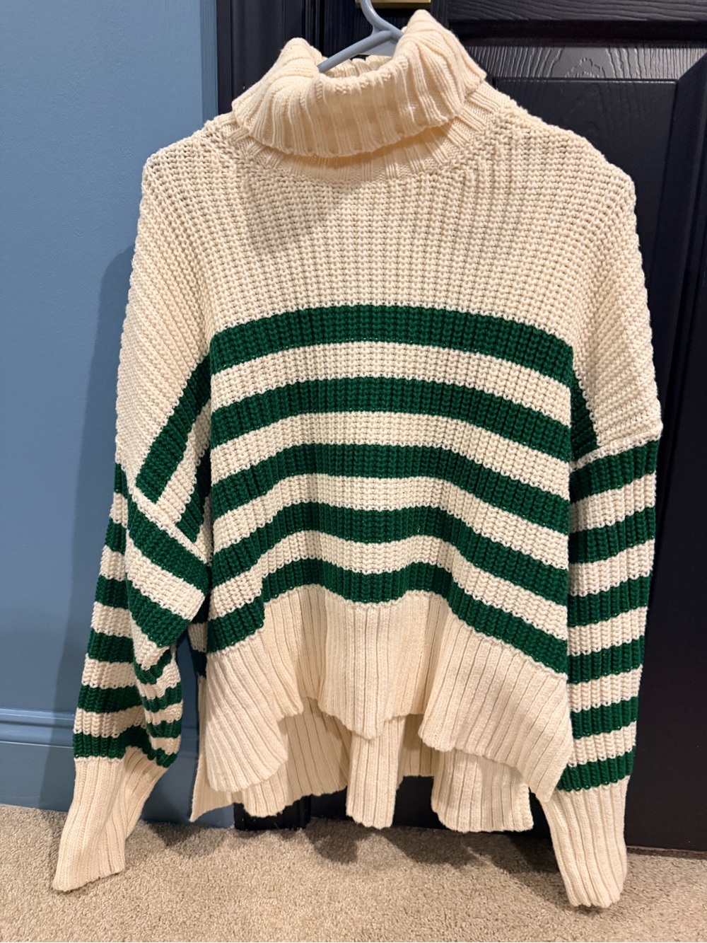 Madewell Cream and Green Striped Turtleneck Sweater